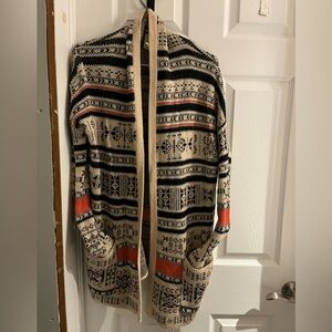 Billabong Women's Patterned Cream Knit Cardigan with Black and Orange Accents